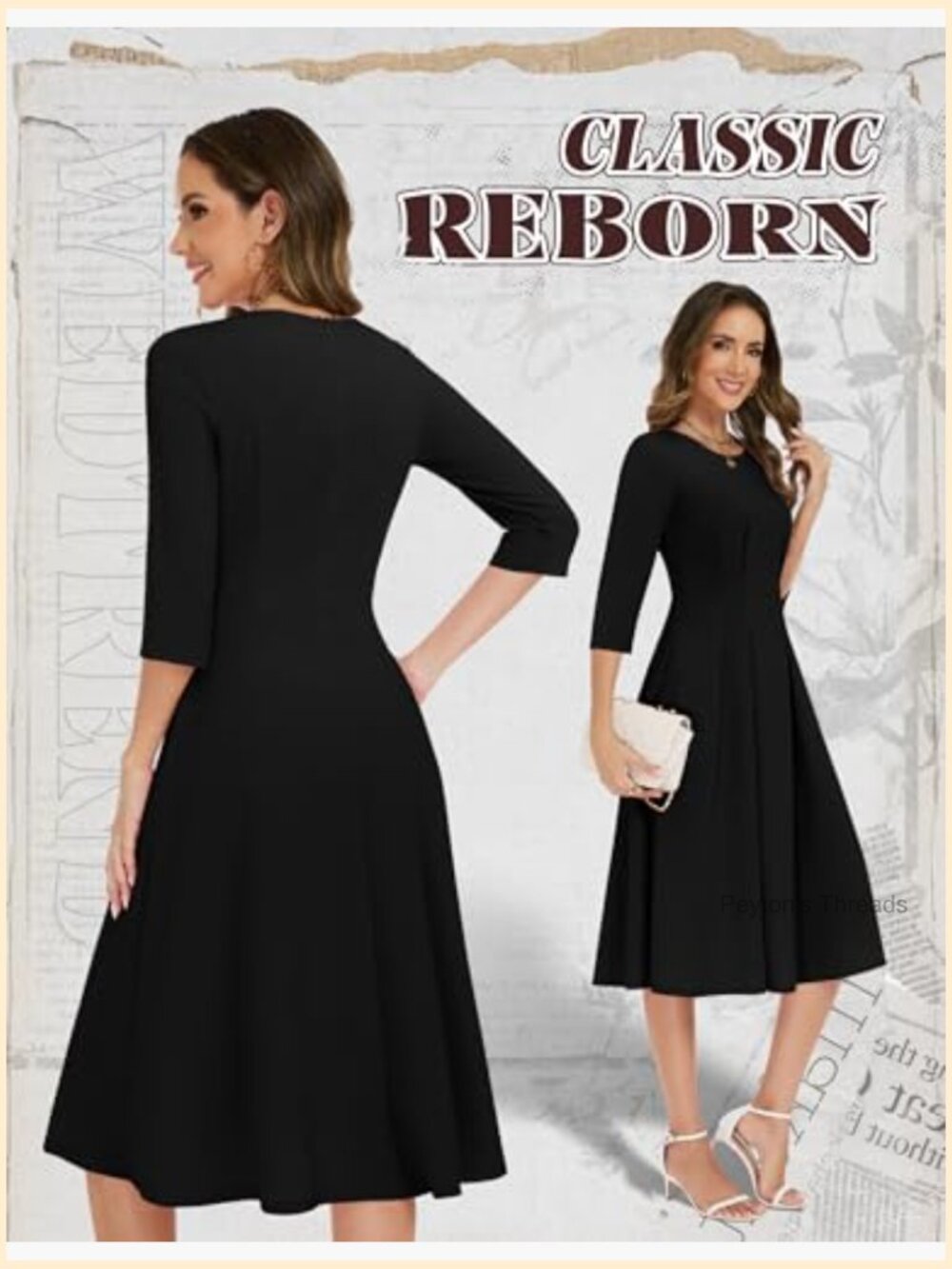 Vintage Cocktail Dress 3/4 Sleeve A-Line Midi with Pockets Nylon Stretch - Picture 2 of 6
